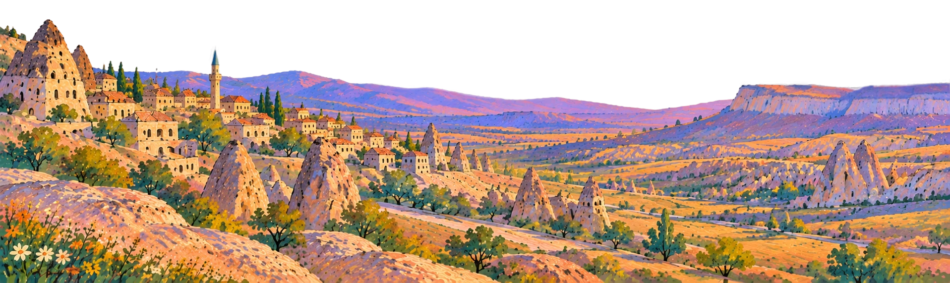 Painted landscape of a rocky valley at sunset: cone-shaped rock formations, a hillside village with a minaret and cypress trees, and purple hills in the distance.