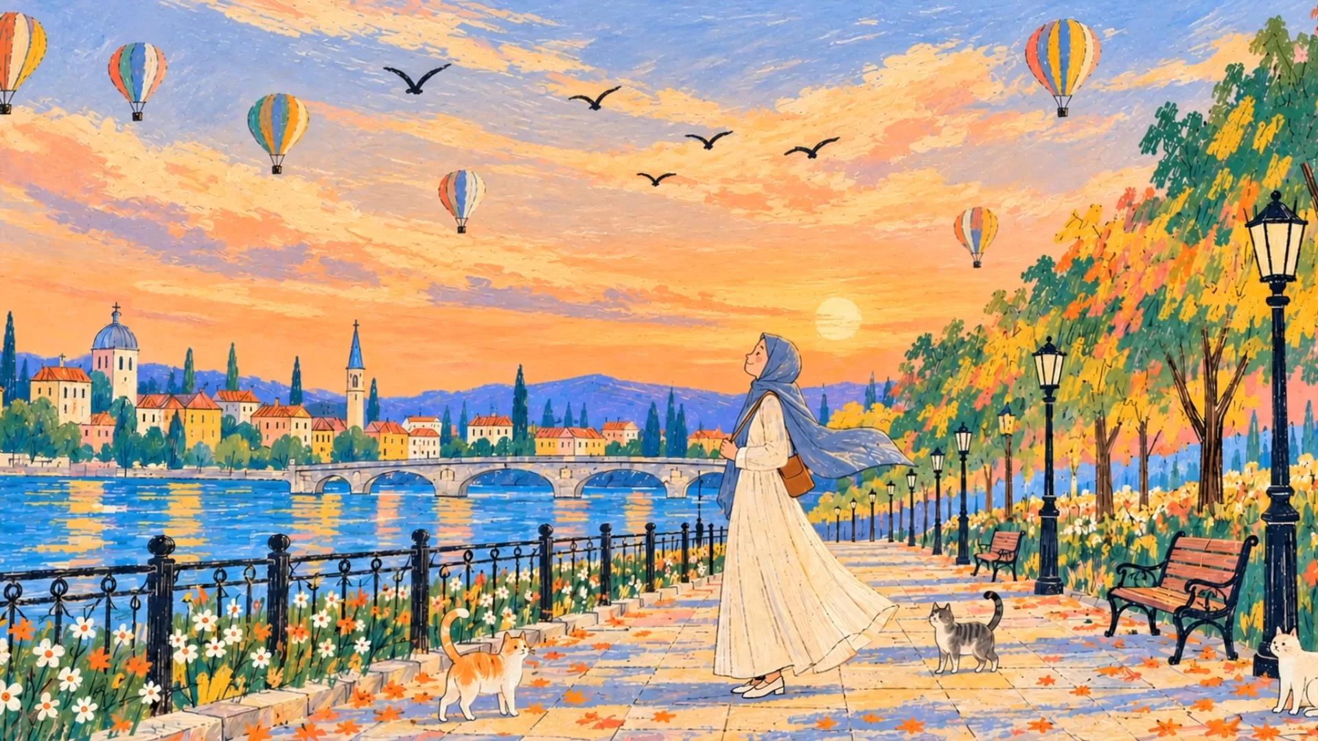 Crayon illustration: a girl in a blue hijab and ivory dress stands on a riverside promenade at sunset, looking up at hot-air balloons, with three cats nearby.